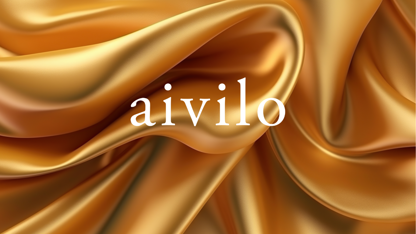 Satin Gold Fabric as background with white letters centered on page "aivilo"